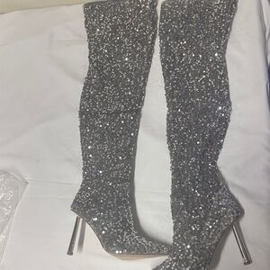 Silver Sequin Over-the-Knee Boots